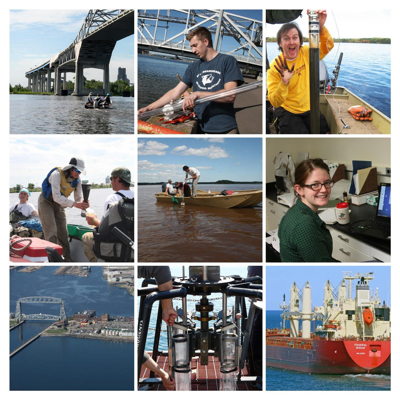Photo collage of research work done on the Great Lakes. 