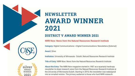 CASE award certificate for NRRI Now Newsletter
