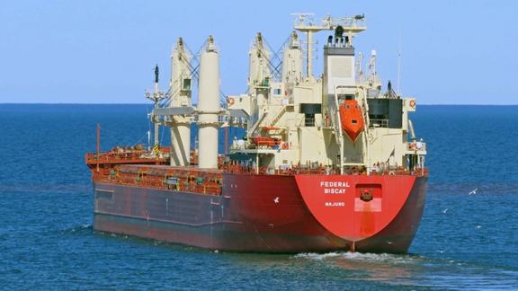 Large red ocean-going ship viewed from behind on water.