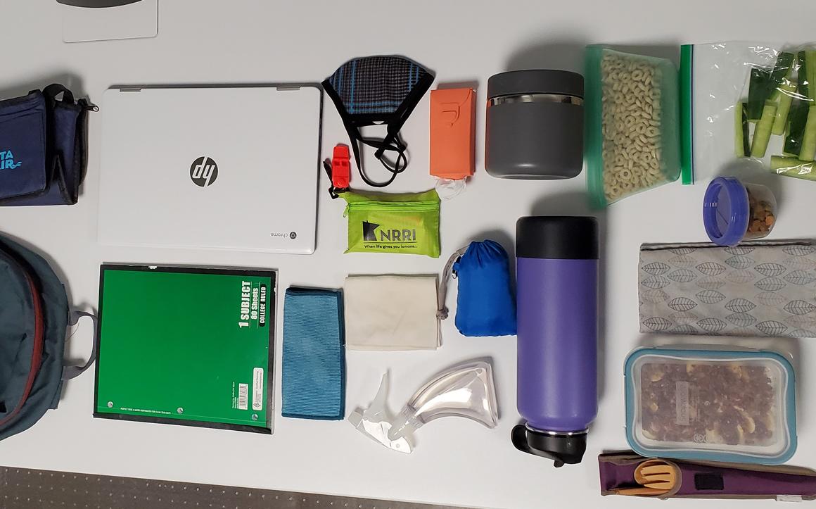 Items in a sustainable backpack for a day at the office. 
