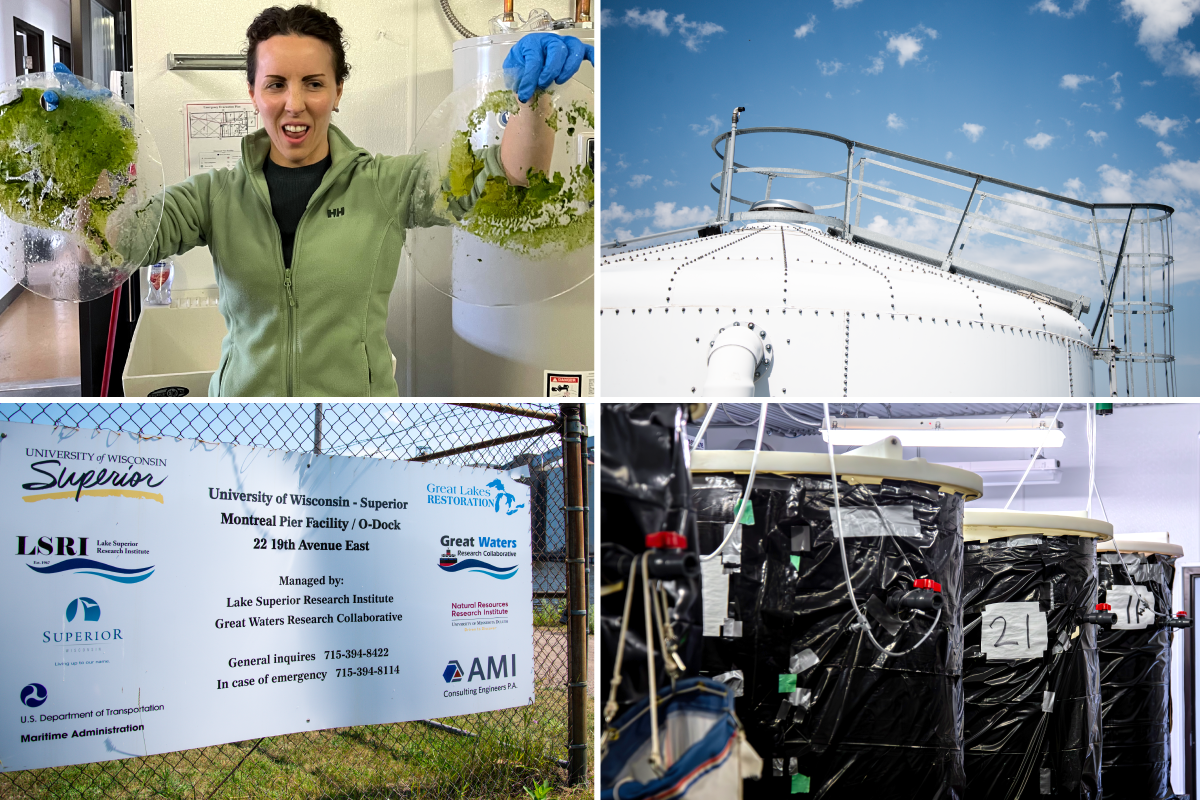 Photo montage of algae research on Lake Superior research facility. 