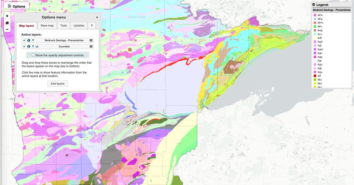 MN Natural Resource Atlas screen capture showing bedrock deposits across MN. 