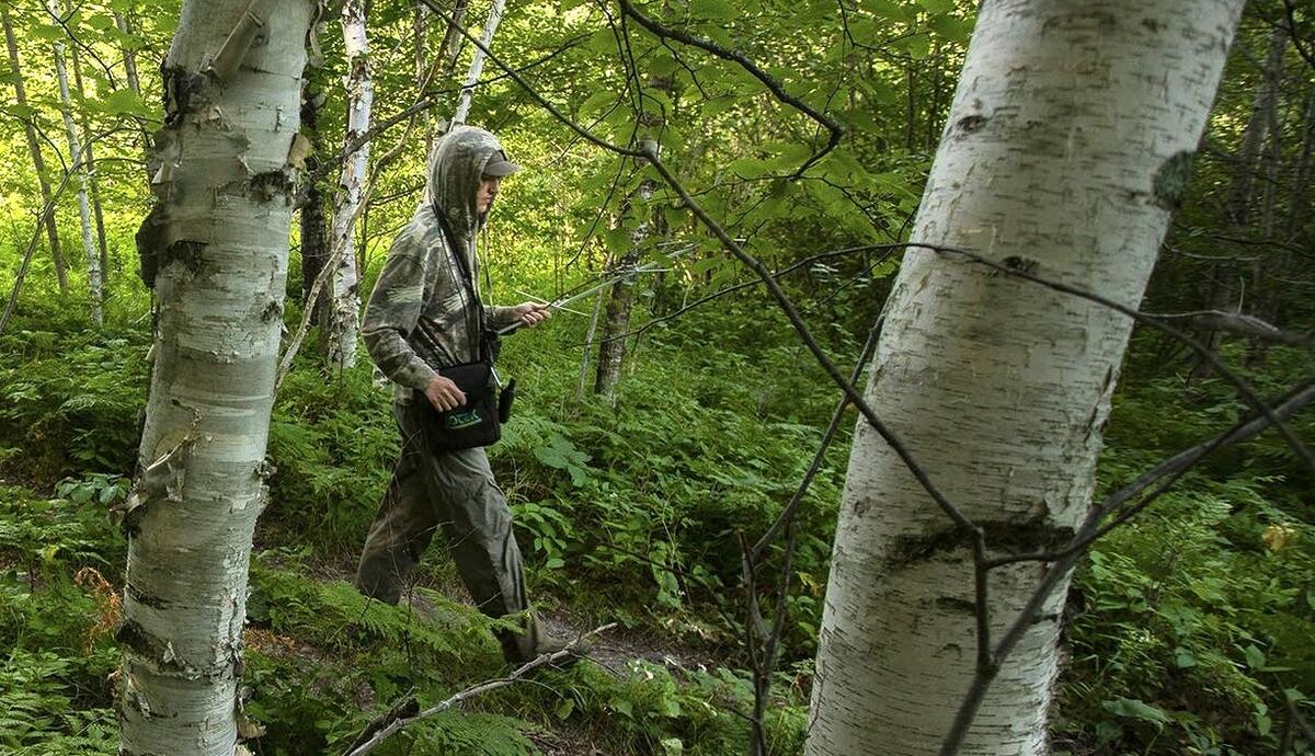 A man walks through a forest holding an antenna