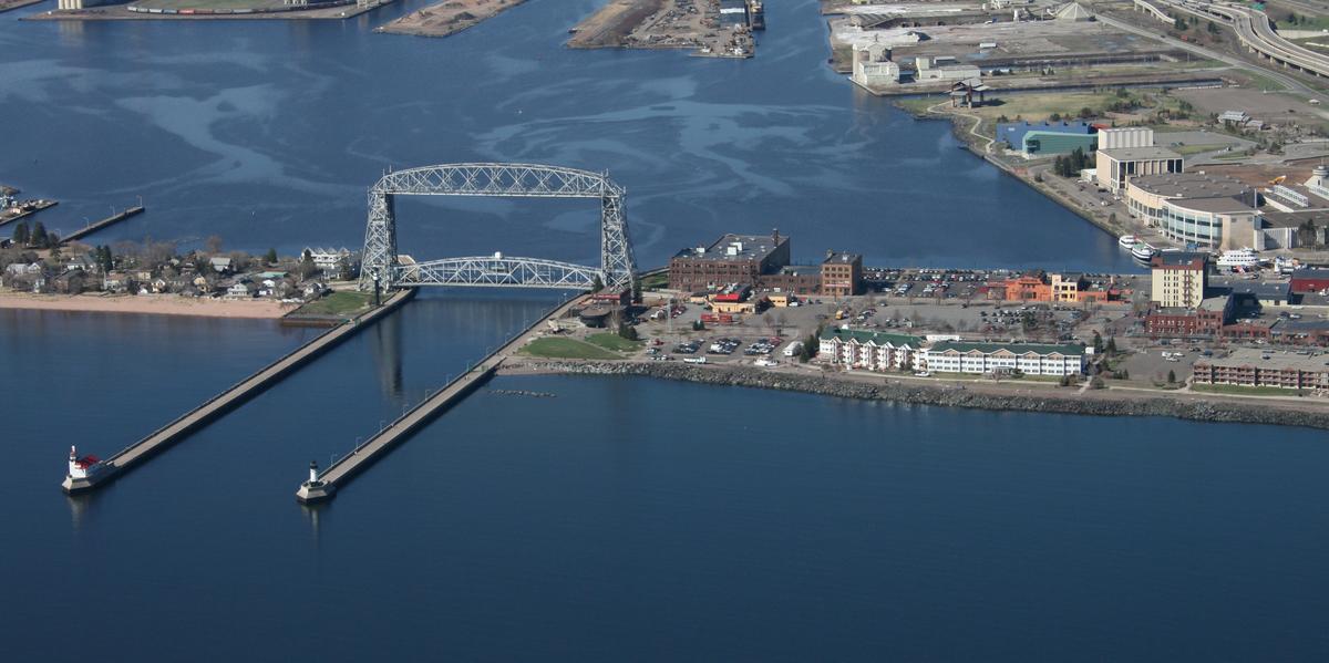 Arial view of Duluth harbor and lift bridge