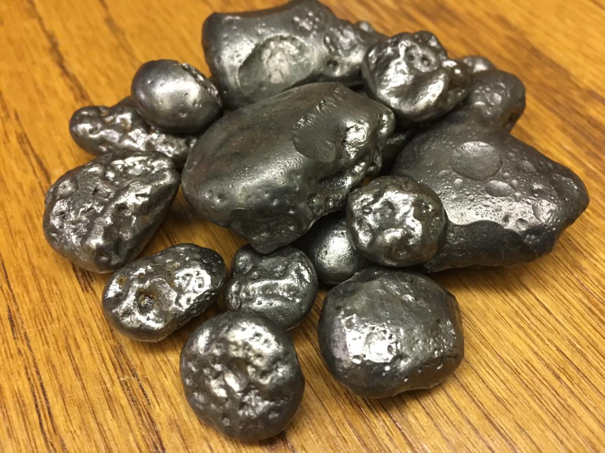 Close up of silver colored iron nuggets