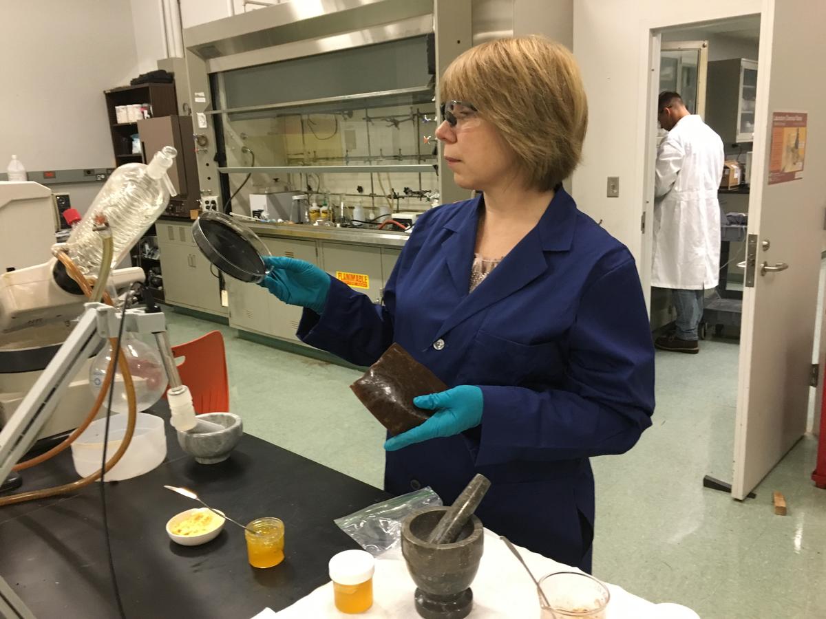 A woman in blue lab coat stands at counter in laboratory looking at brown material.