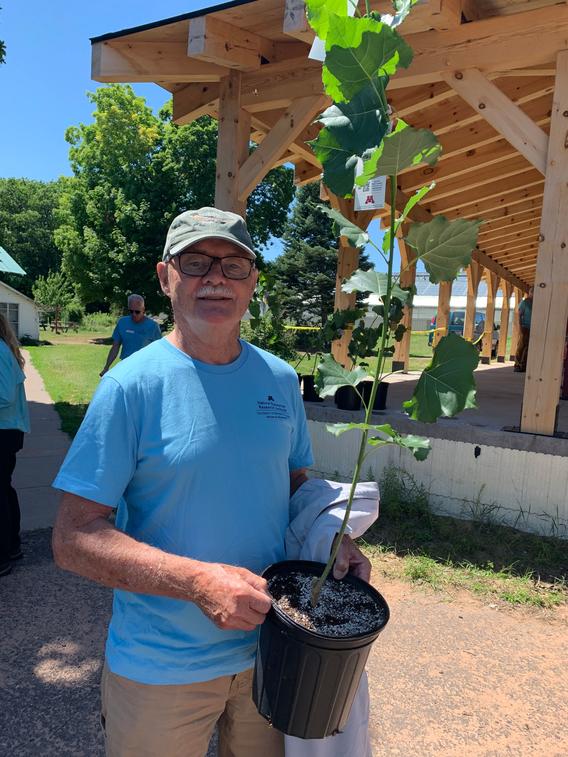 Man holds two month old potted tree. Tree is about three feet tall.