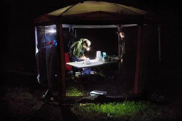 Three people wearing headlamps stand around a table in a portable screen tent in dark of night.