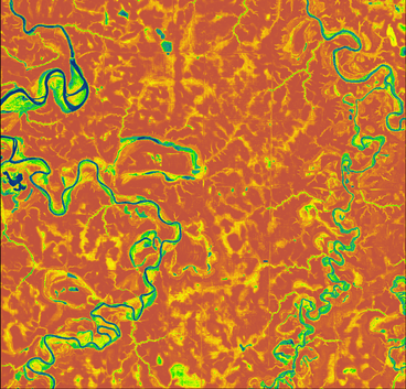 Computer-generated image of an aerial river landscape in bright colors.